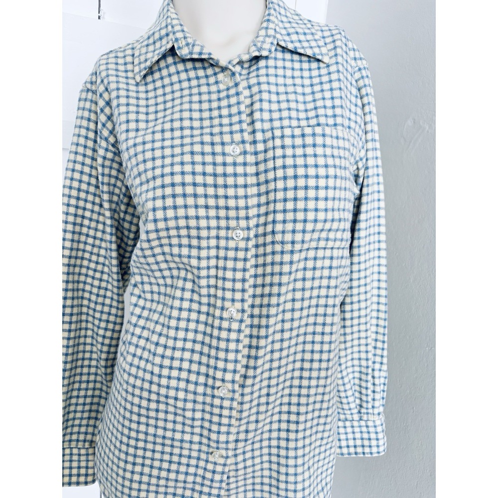 Vintage Eddie Bauer Shirt Womens S Blue Cream Plaid Cotton Flannel Casual Y2K